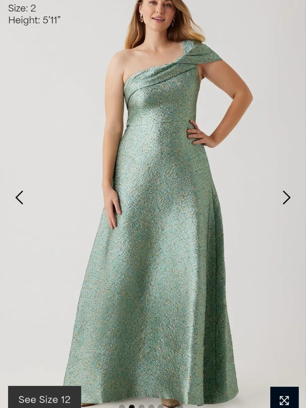 Rickie Freeman for Teri Jon Size 14 Metallic Teal Jaquard One-Shoulder Maxi Gown